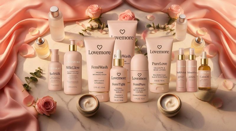 The LoveMore collection — frosted glass serums, ceramic jars and rose petals on warm marble